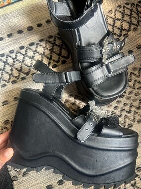 Demonia Black Chunky Platform Wedge Sandals with Buckles